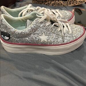 Converse / Chiara Ferrari Silver Glitter Platform Sneakers worn once